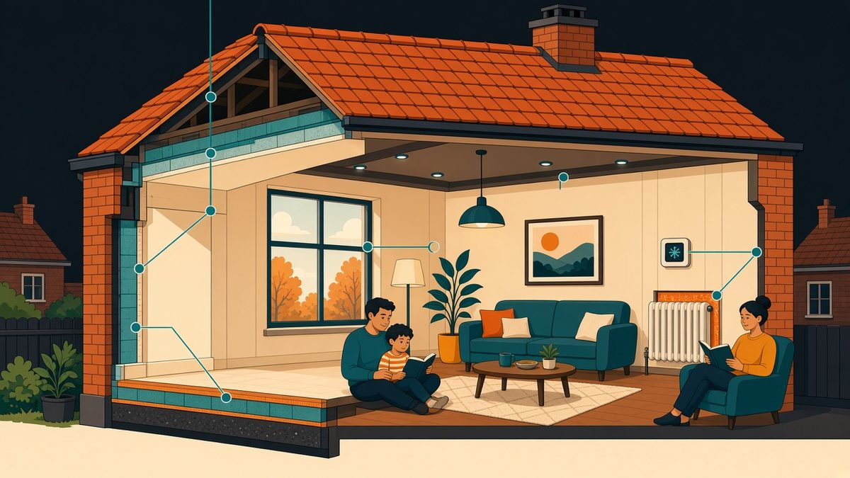 Doorsnede van een woonhuis met isolatie in dak, muren en vloer, dubbel glas, een radiatorfolie en ledlampen