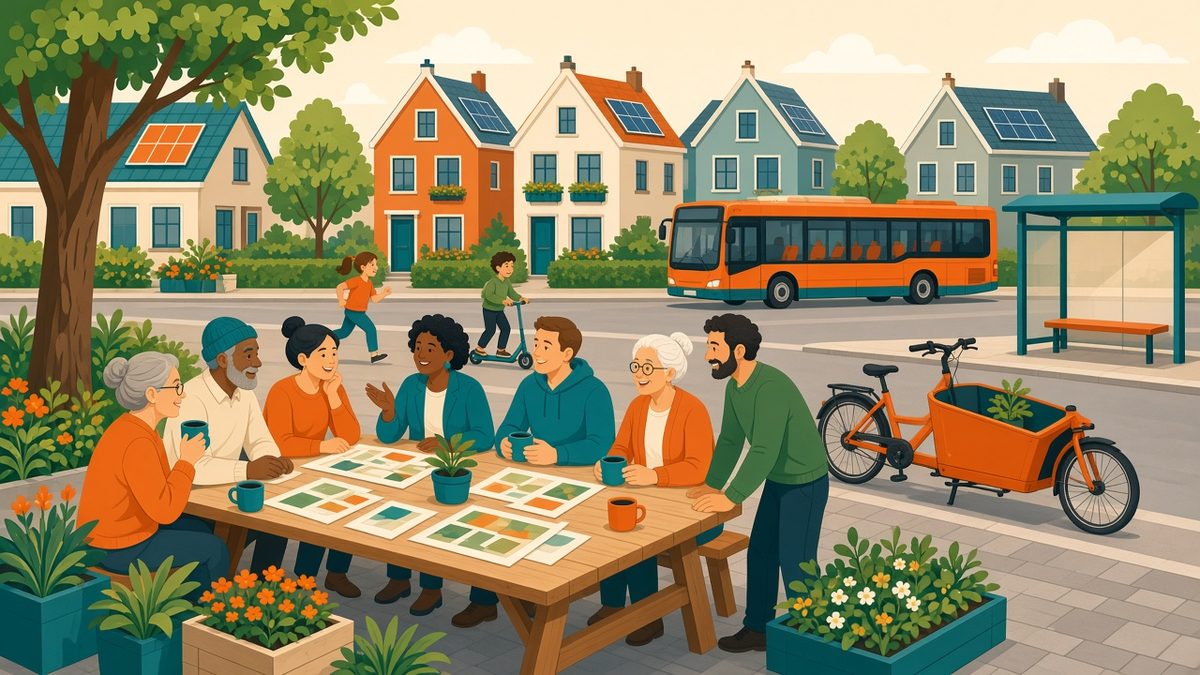 Buren in een straat overleggen samen bij een picknicktafel, met zonnepanelen op de daken, plantenbakken en een buurtbus op de achtergrond