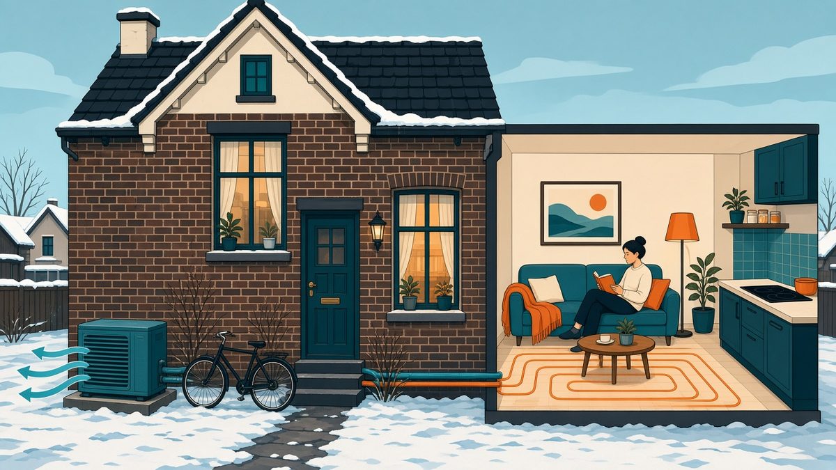 Een rijtjeshuis met een buitenunit van een warmtepomp naast de gevel, met binnen een warme woonkamer en vloerverwarming