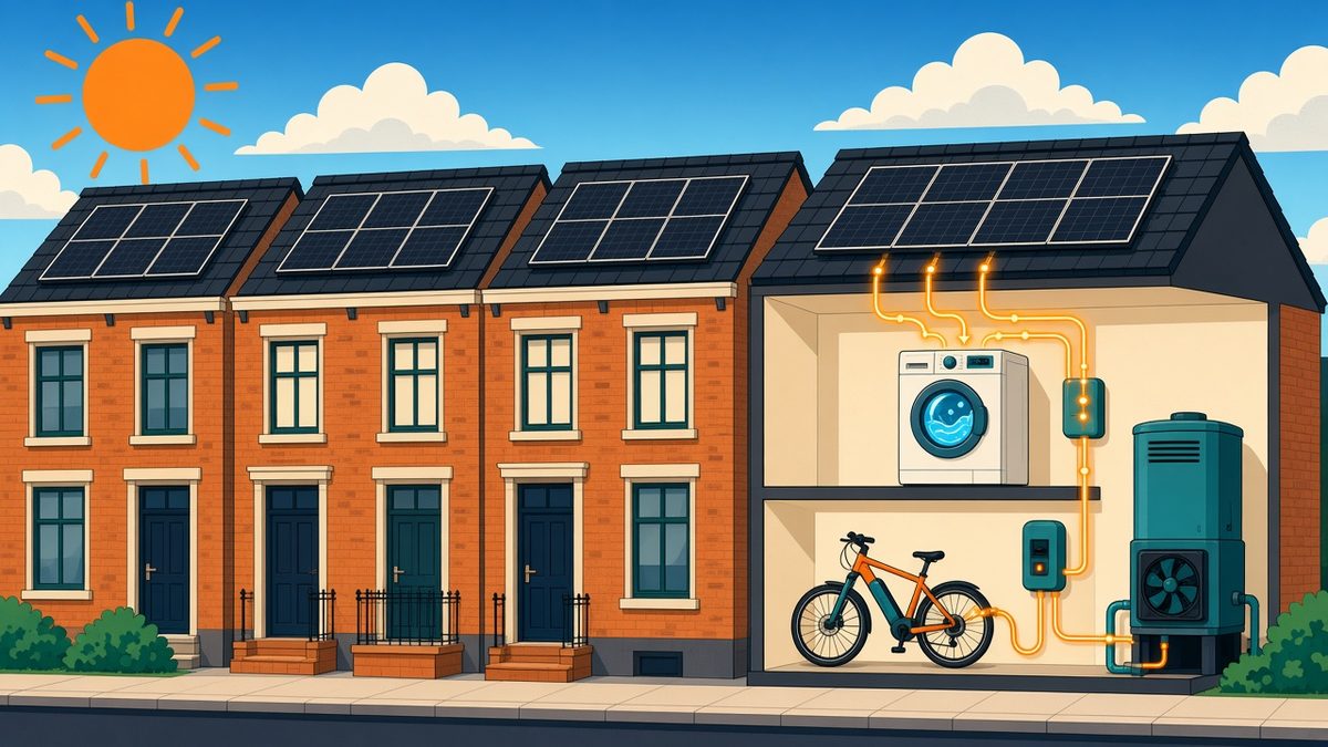 Rijtjeshuizen met zonnepanelen op het dak onder een stralende zon, met een wasmachine en elektrische fiets die overdag laden